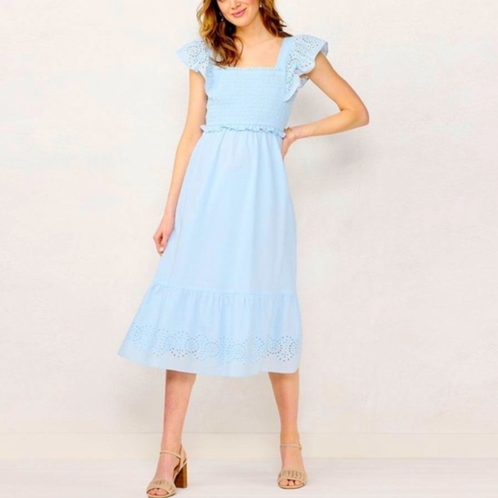 NWT Lauren Conrad dress blue tiered ruffle sleeve eyelet trim smocked dress Sz L - Picture 3 of 12